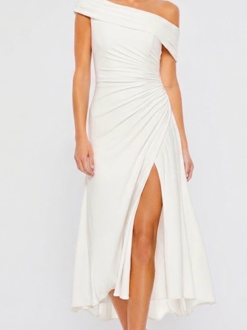 One-Shoulder White Midi Dress with Ruched Side and Thigh Slit